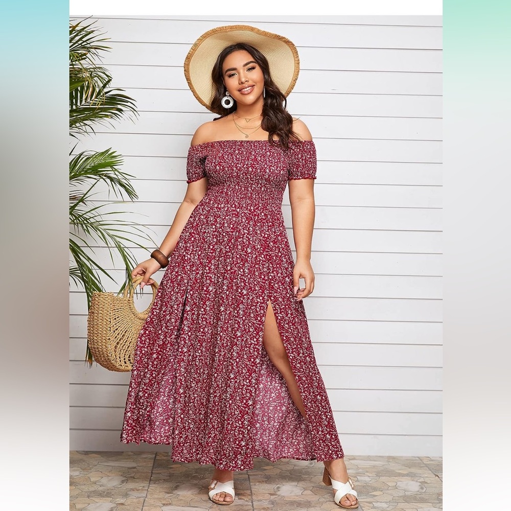 Floerns Women's Boho Red Floral Print Off Shoulder Split Long A Line Dress 3XL